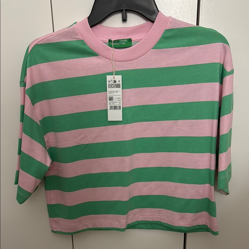 Benetton Green and Pink Striped Tee Shirt XXS